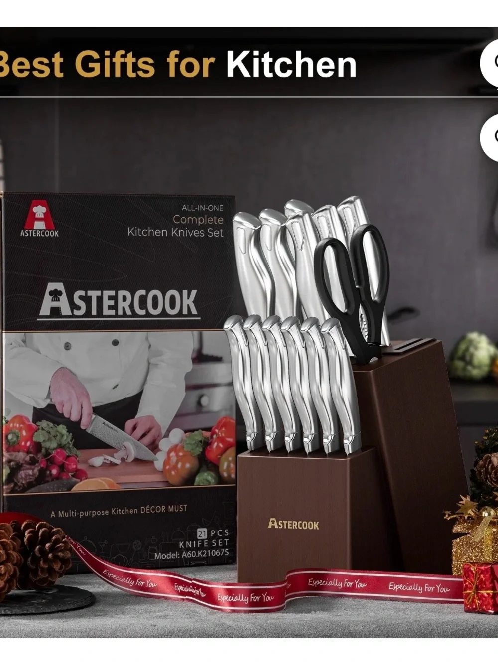 AsterCook 12-Piece Silver Knife Set with Brown Wooden Block